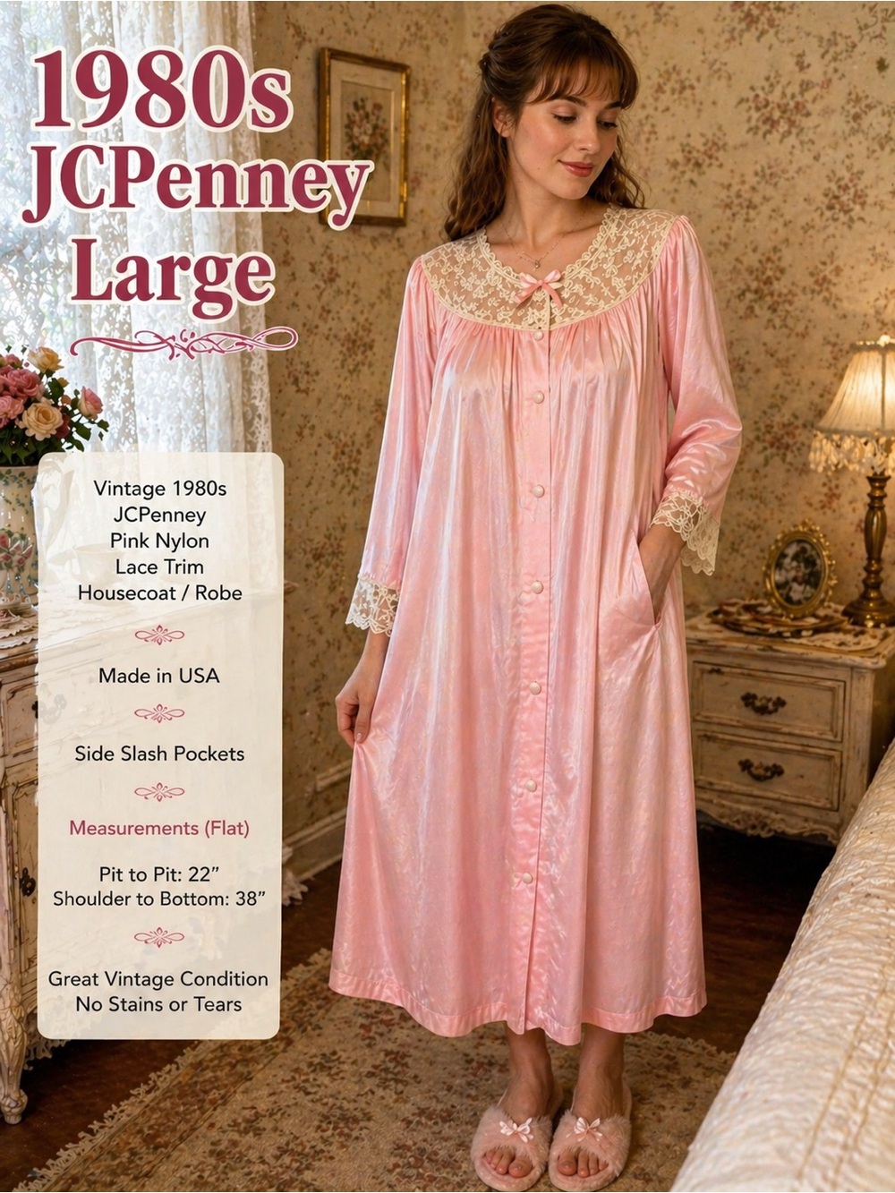 Vintage 1980s JCPenney Pink Antron III Nylon Lace Robe Large